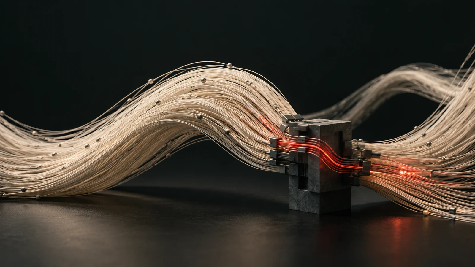 Illustration: a ribbon of data threads passing a red checkpoint
